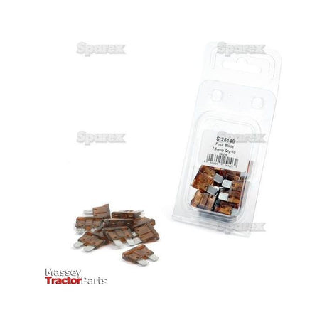 A package of automotive fuses with some fuses spread out beside it, labeled "Sparex Part No. S.25146" and "Blade Fuse 7.5A, 10 pcs." The package, adorned with the Massey Tractor Parts logo, is placed on a white background.