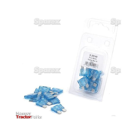 A package of blue 15A automotive blade fuses by Sparex (Blade Fuse 15A, 10 pcs. Agripak, Part No.S.25148), with several individual fuses scattered in front of it.