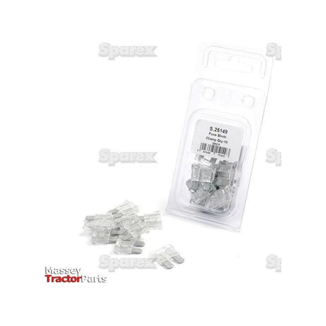 An image of a package containing Blade Fuse 25A, with multiple individual fuses spilled out beside it. The package is labeled with the Sparex Part No.S.25149 by Sparex, and features Agripak clear labeling.