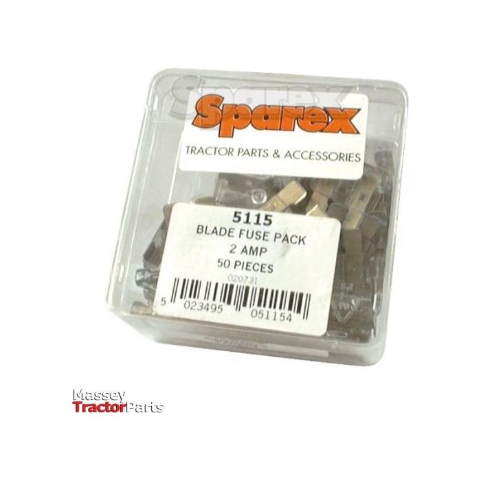 A package of Blade Fuse 2.0A, labeled "S.5115" and containing 50 pieces, is shown. The packaging mentions "Tractor Parts & Accessories" and has a barcode at the bottom. The product is branded as Sparex under the Agripak line.