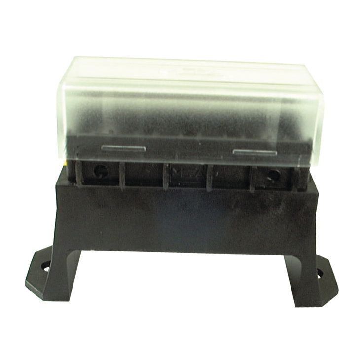 A black electrical component with a transparent cover, likely a Sparex Blade Fuse Box 6 Fuse - S.79054, mounted on a plastic base with two screw holes for attachment and featuring rear cable entry.