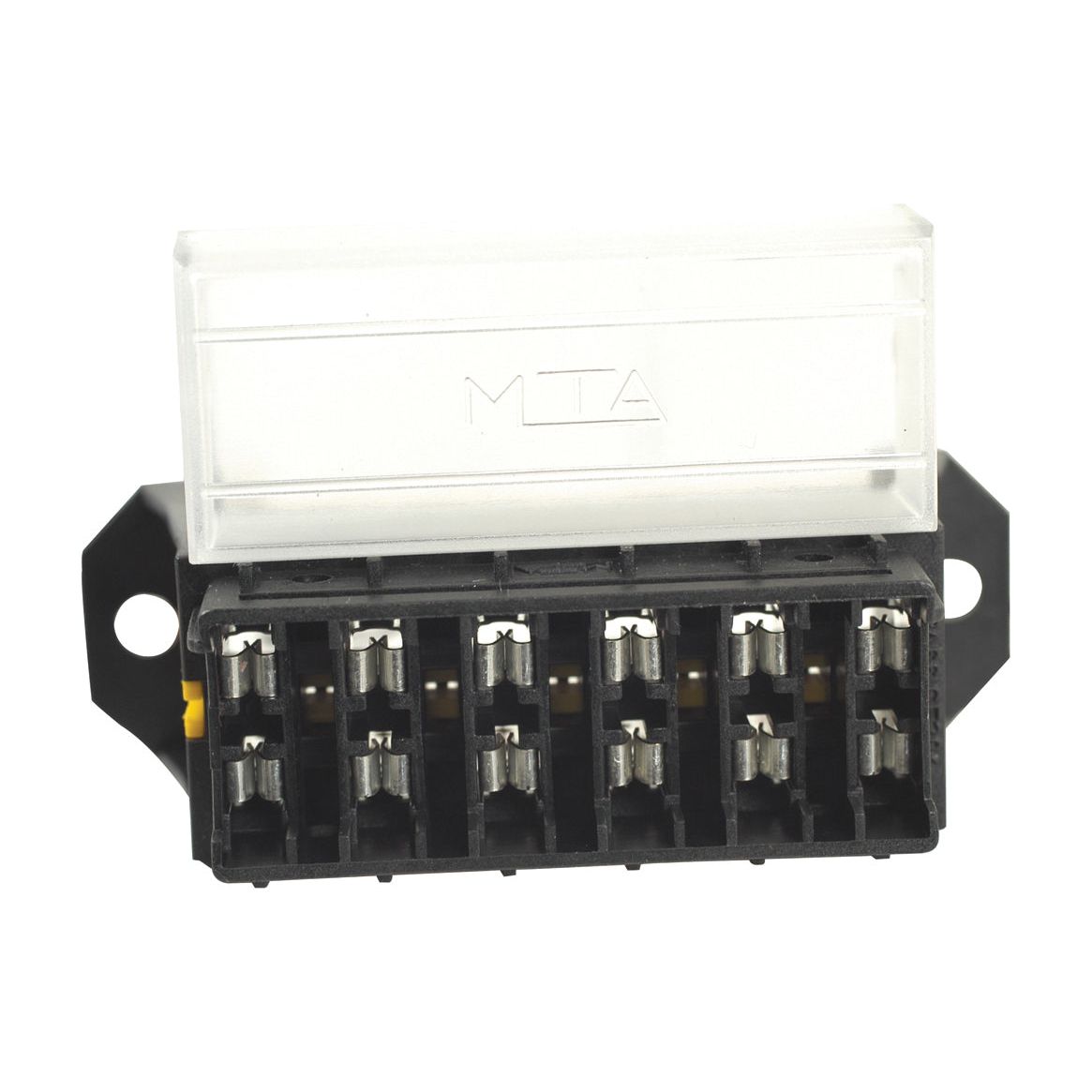 Image of a black Sparex Blade Fuse Box 6 Fuse (S.79054) with six connection points, rear cable entry, a clear plastic cover labeled "MTA," and mounting flanges on each side.