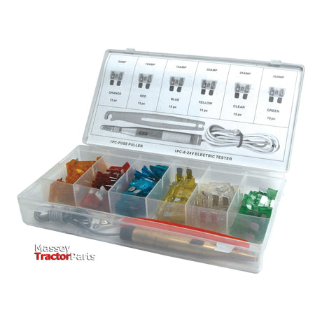Introducing the Sparex Blade Fuse and Tool Kit Display Box, 93 pcs. - S.29891: a plastic organizer containing an assortment of colored fuses, each labeled with its rating. The box includes a fuse puller, and the lid displays labels for each type of fuse along with manufacture information and an electric tester.