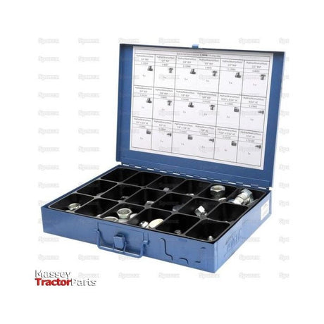 A blue compartmentalized case containing 78 pieces of small metal parts, including BSP Caps, and featuring an informational chart on the inside of the lid. The case is branded with "Sparex" and its product name is "Blanking Cap Handipak - (78 pcs.) | Sparex Part No.S.28998.