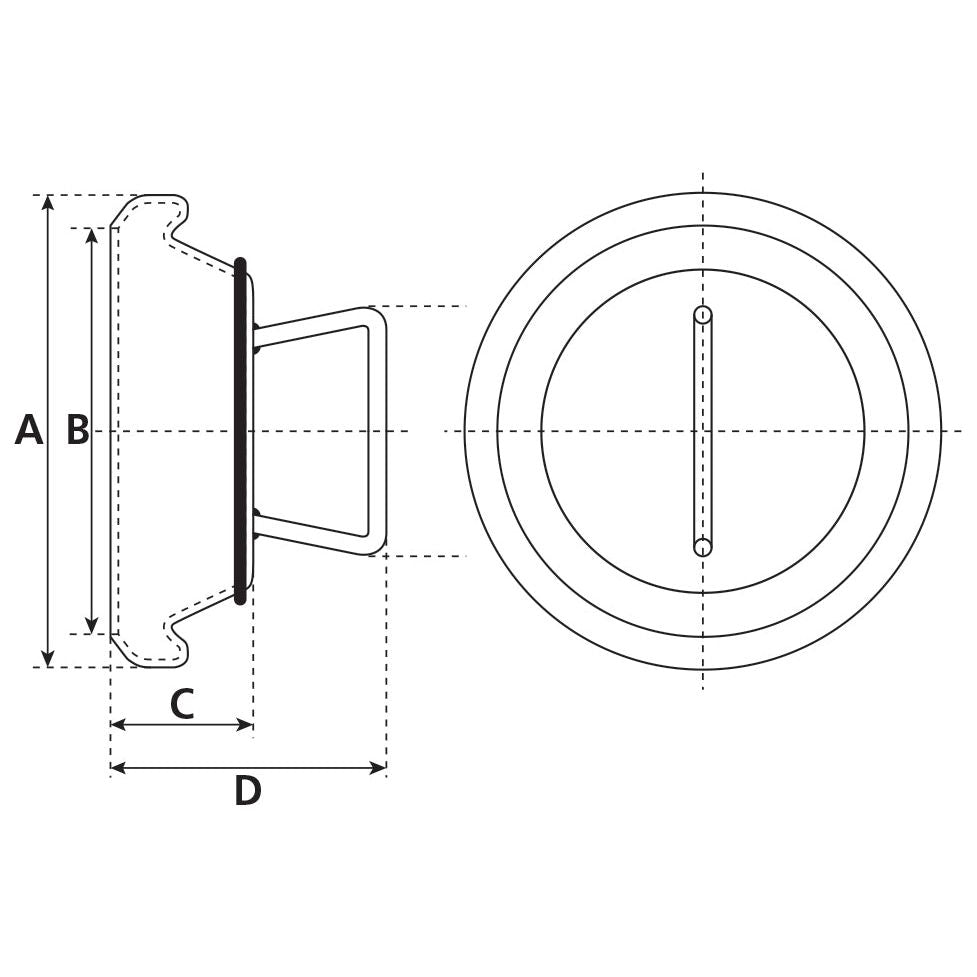 Technical drawing of the Blanking Plug - Female - 4'' (108mm) (Galvanised) - S.59418 by Sparex, with dimensions labeled A, B, C, and D. The side and front views are shown, displaying its cross-section and rounded shape. This galvanised component resembles a Bauer fitting in design.