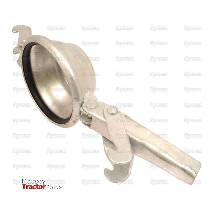 A galvanised Blanking Plug, Female, 6'' (150mm), labeled "Sparex" with a silver finish and featuring a rounded cup and hook-like mechanism. This Italian fitting is identified as S.115053 under the brand name "Massey Tractor Parts.