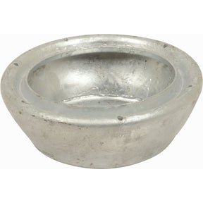 A round, shallow, metallic bowl with a smooth, reflective surface and slightly worn edges resembles the finish seen on Sparex Blanking Plug - Male - 6'' (159mm) (Galvanised) - S.103143.