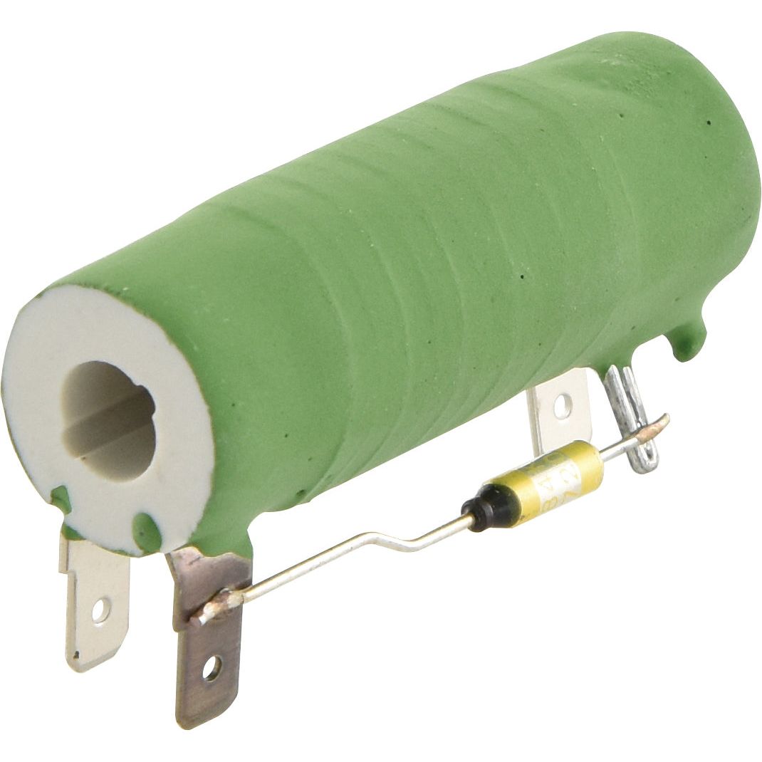 The Blower Motor Resistor, Sparex Part No. S.152486 by Sparex, is a green cylindrical electrical resistor with metal terminals and a small yellow capacitor attached, reminiscent of the late style resistors commonly found in vintage International Harvester equipment.
