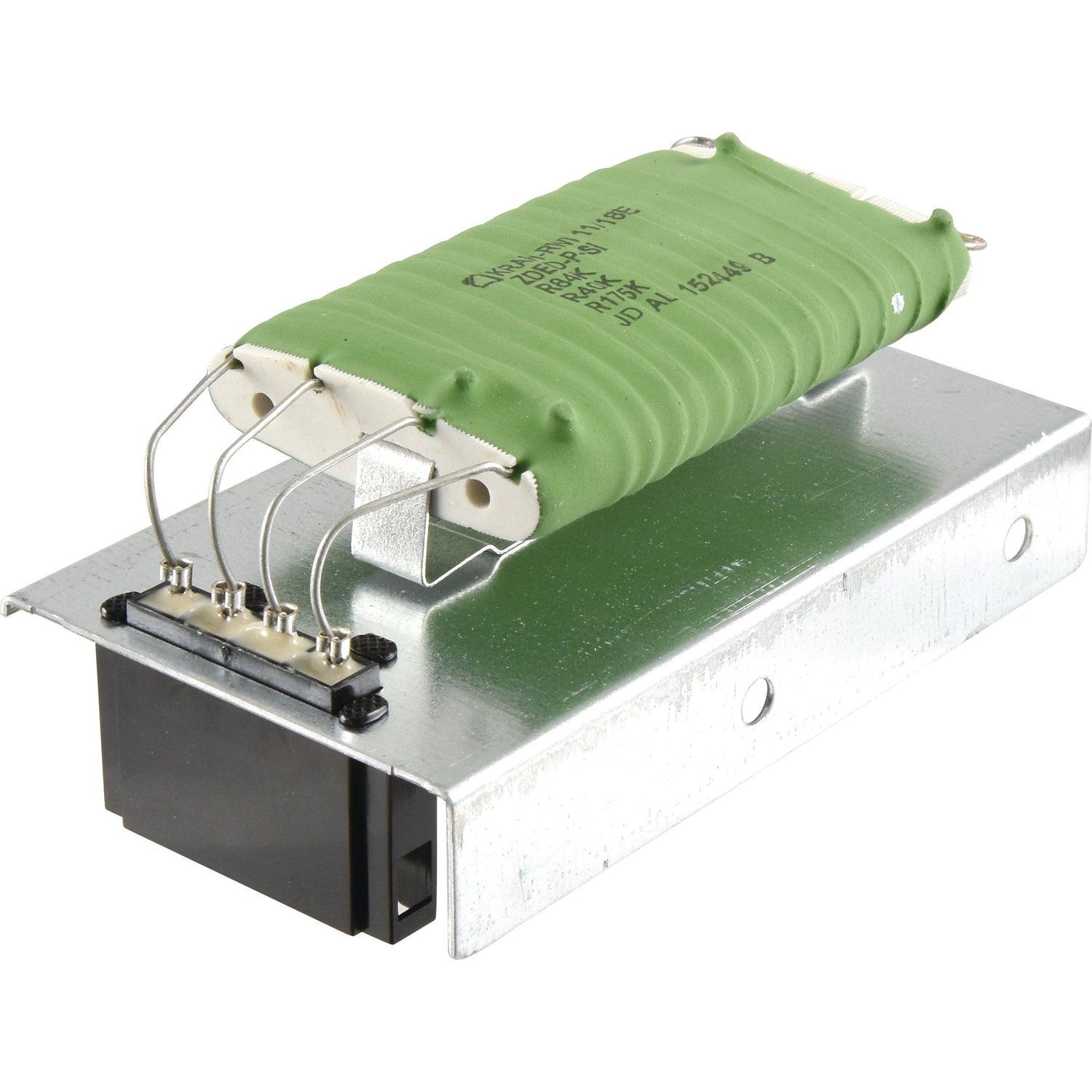 The Sparex Blower Motor Resistor (Sparex Part No. S.152527) is mounted on a metallic heat sink and features multiple leads connected to the terminals, along with a black connector at the base, making it an ideal replacement for John Deere machinery.