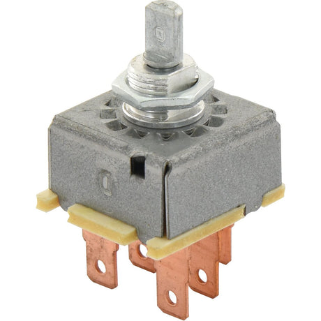 The Sparex Blower Switch (Part No. S.106616) is a metal rotary switch featuring three attached copper connector pins and a hexagonal nut at the base of the shaft, designed to be compatible with 3-Speed systems found in Case IH machinery and other Sparex components.