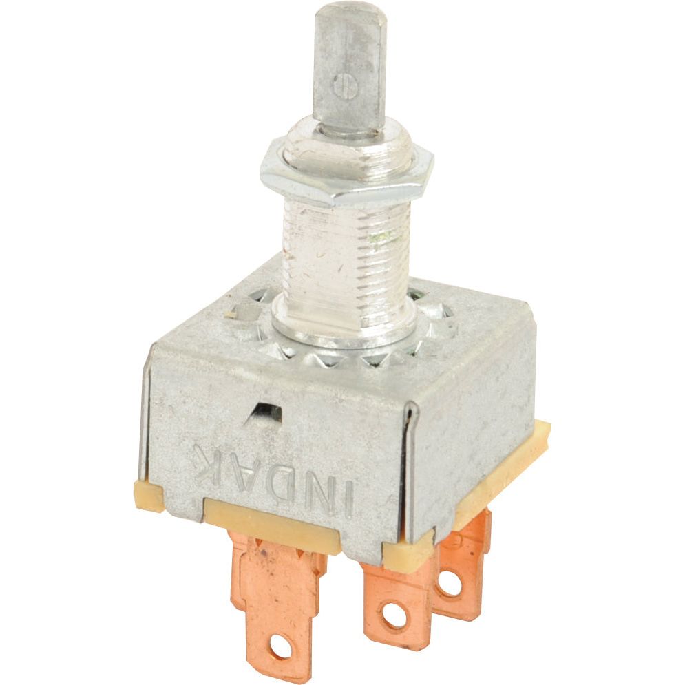 The Sparex Blower Switch, Part No. S.106617, is a single metal toggle switch equipped with three copper connectors at the base, making it ideal for use as a 3-speed blower switch.
