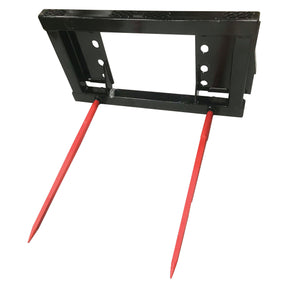 The Sparex Bobcat/Skid Steer Bale Frame (S.138708) features two red SHW Brand M22 x 1100mm tines, designed for attachment to heavy machinery such as skid steers, ensuring efficient lifting and transporting of hay bales with impressive load capacity.