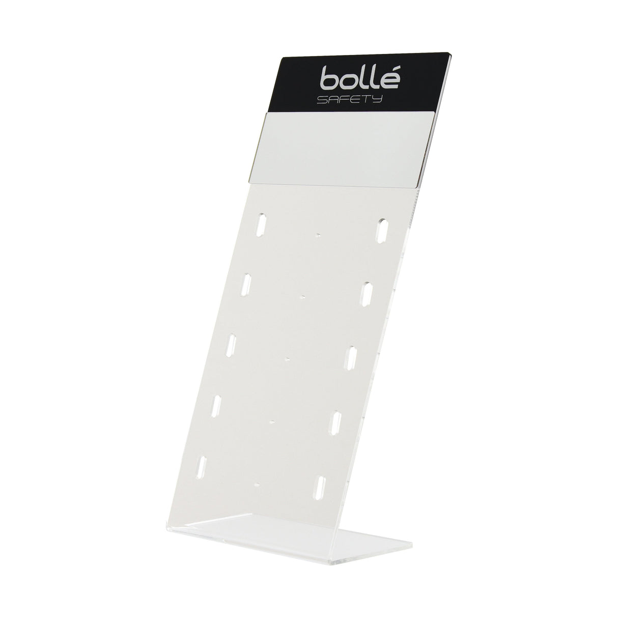 The Sparex 5 Piece Display Stand - S.162437 for Bollé Safety products features a clear acrylic design with a black and white sign at the top and multiple slots for holding items.