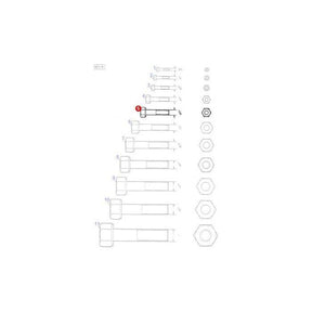 Line drawing of bolts and nuts in various sizes, similar to the Massey Ferguson - Bolt 7/16x1.5/8unf (353564X1) by AGCO, arranged in a descending order from top to bottom.