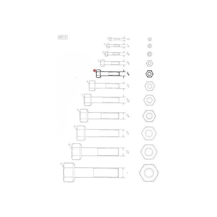 A technical drawing illustrating various sizes of bolts and hex nuts in a top-down and side view arrangement, including a detailed view of the AGCO Massey Ferguson Bolt 7/16x2 unf - 353567X1.