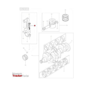 Exploded diagram showing various Massey Ferguson tractor engine parts with labels and part numbers, including components like pistons, crankshaft, and other related engine parts. The image highlights the Massey Ferguson Bolt Conrod - 4222132M1 from AGCO.