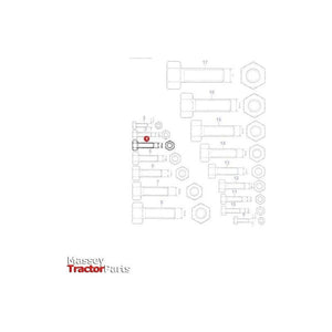 Illustration featuring various bolts and nuts with numbered labels, emphasizing a specific bolt (Massey Ferguson - Bolt 3/8x1.1/4unf - 353540X1) in red. The AGCO logo is displayed near the bottom left corner, highlighting essential tractor parts for Massey Ferguson models.