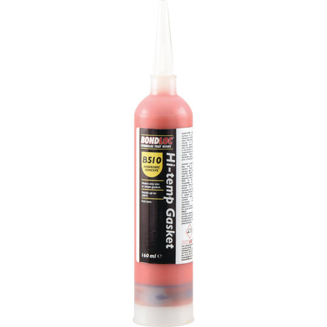Close-up of a Flange Seal B510 160ml - S.24084 adhesive tube by Sparex, featuring a pointed nozzle and containing 160ml of high temperature anaerobic sealant. Mostly red in color with yellow and black label details, it boasts excellent chemical resistance.