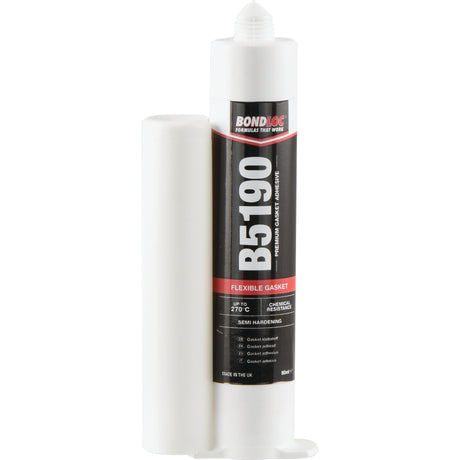 A tube of Flexible Gasket B5190 -80ml - S.24108 by Sparex, offering features like chemical resistance, semi-hardening properties, and an operating temperature of up to 270°C—ideal for sealing engine components in high-temperature environments.