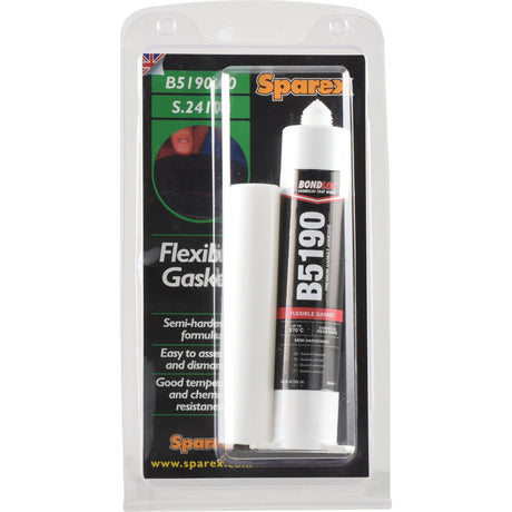 A packaged tube of Flexible Gasket B5190 - 80ml (S.24108), produced by Sparex, is ideal for high-temperature applications on engine components. The product comes in a transparent plastic container with a black and orange label detailing its features and usage.