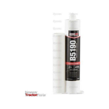 A white tube labeled "Flexible Gasket B5190 - 80ml - S.24108" stands upright, showcasing a black and red design. It is described as a flexible gasket product suitable for high temperature engine components under the brand name Sparex. The text "Massey Tractor Parts" is visible on the bottom left, indicating its specialized use.
