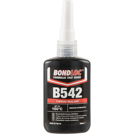 The Sparex Hydraulic Seal B542 50ml - S.24090 anaerobic sealant comes with a pointed nozzle cap and is branded with "Formulas That Work." It is designed to withstand temperatures up to 150°C and provides medium strength, making it ideal for metal pipes and hydraulic fittings. This product, made in the UK, has a capacity of 50 ml.