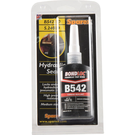 A package containing a bottle of Sparex Hydraulic Seal B542 50ml - S.24090. The packaging highlights its use for high-pressure hydraulic and pneumatic systems, with medium strength and resistance up to 150°C, making it ideal for securing hydraulic fittings.