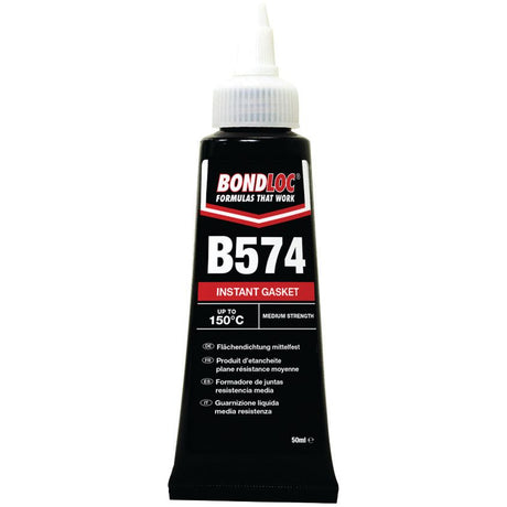 A black 50ml tube of Sparex Instant Gasket B574 (S.24091) with a white nozzle, designed for medium strength and suitable for temperatures up to 150°C, providing excellent chemical resistance.