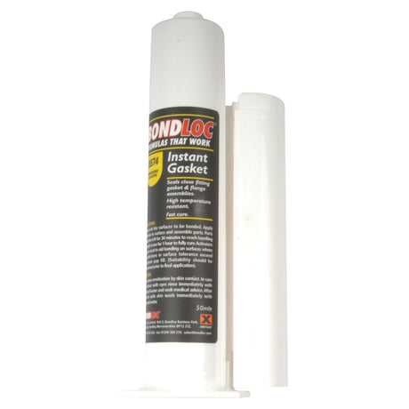 A tube of Sparex Instant Gasket B574 - 50ml (S.24091) sealant with a black label, white text, and yellow highlights, showcasing its exceptional chemical resistance, stands upright against a white background.