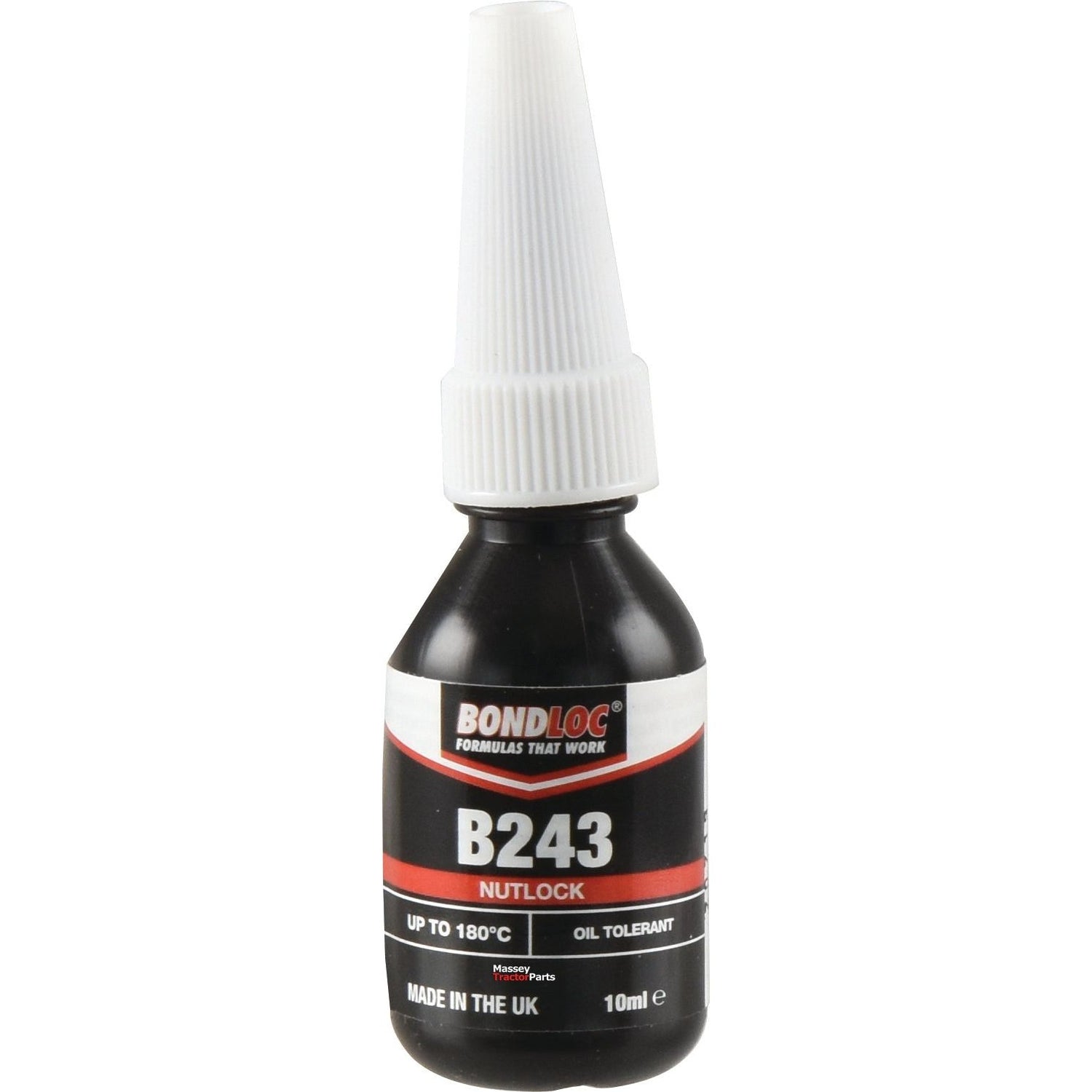 A 10ml bottle of Sparex Nutlock B243 (S.24073) adhesive with a white cap, labeled as an oil-tolerant threadlocker and temperature resistant up to 180°C, with text on the bottle indicating it is made in the UK.