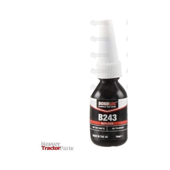 The 10ml bottle of Sparex Nutlock B243 - S.24073 features a black and white label with red accents and a white cap. This medium strength, oil-tolerant threadlocker is suitable for temperatures up to 180°C.