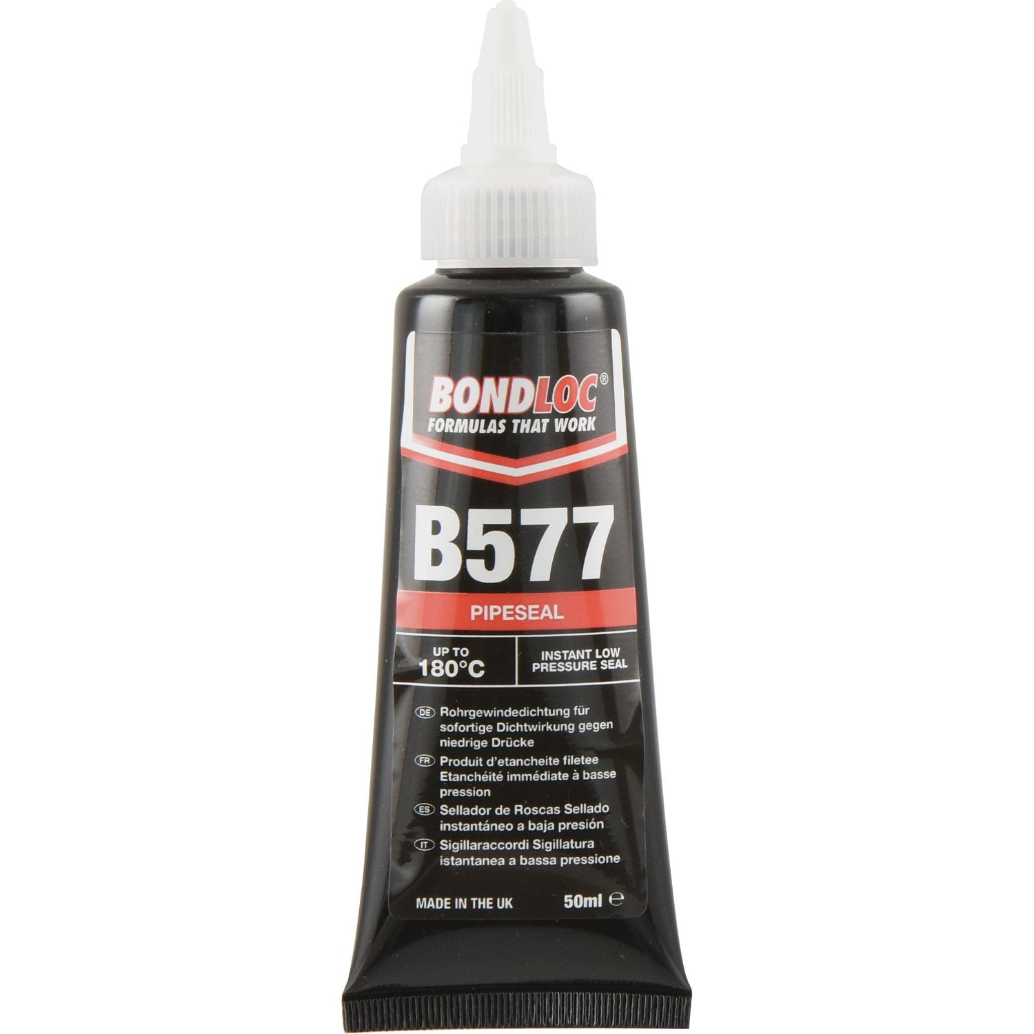 A black and red tube of Sparex Pipe Seal B577 (S.24093), an anaerobic sealant labeled for instant low-pressure seal. It offers high temperature resistance up to 180°C and contains 50ml, making it ideal for metal pipes and fittings.
