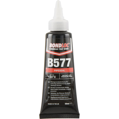 A 50ml tube of Sparex Pipe Seal B577 - S.24093 with a white nozzle. The black and red packaging indicates this anaerobic sealant provides an instant low-pressure seal and can withstand temperatures up to 180°C, making it ideal for metal pipes and fittings. Made in the UK.