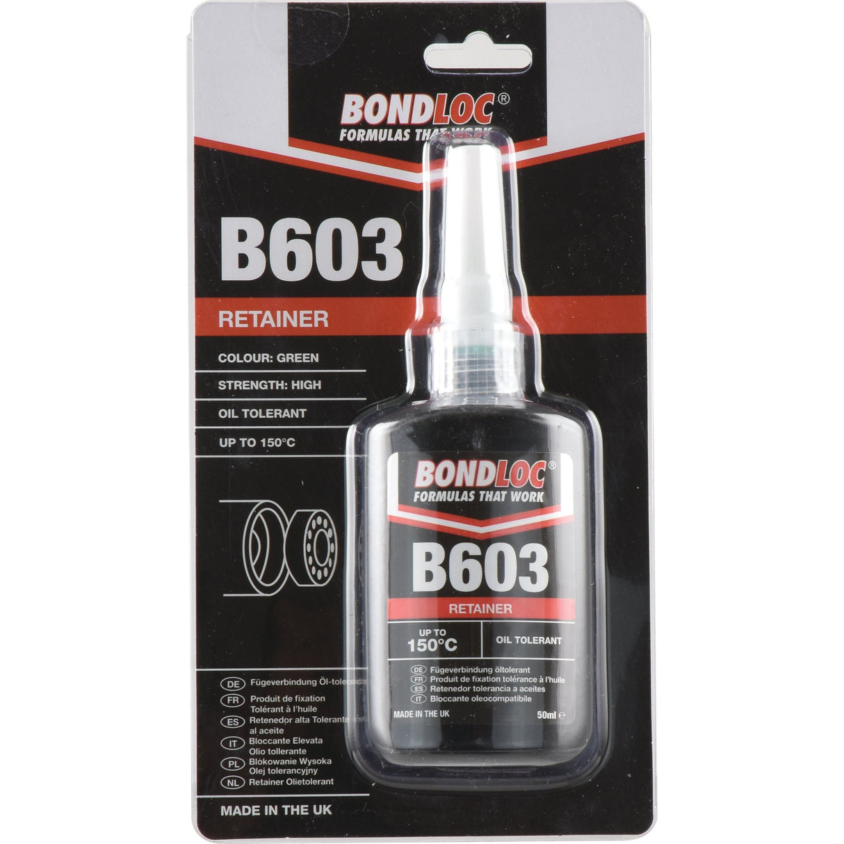 A 50ml plastic bottle of BondLoc B603 Retainer Adhesive from Sparex (Part No. S.24095) in its packaging, featuring a label that emphasizes oil tolerance, strength, and temperature resistance up to 150°C.