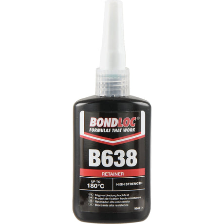 The Sparex Retainer B638 (Heavy Duty) 50ml - S.24096 high-strength retaining compound comes in a black bottle designed to withstand temperatures up to 180°C, featuring a pointed nozzle for precise application. This product is ideal for cylindrical fitting parts.