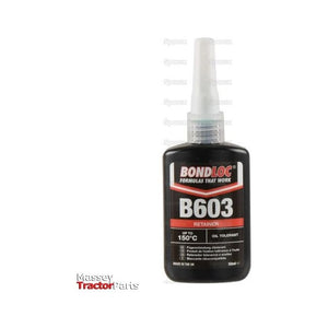 A bottle of BondLoc B603 retainer adhesive from Sparex with a black label and red accents. The label indicates its specs, including heat tolerance up to 150°C and oil tolerance, with a capacity of 50ml.