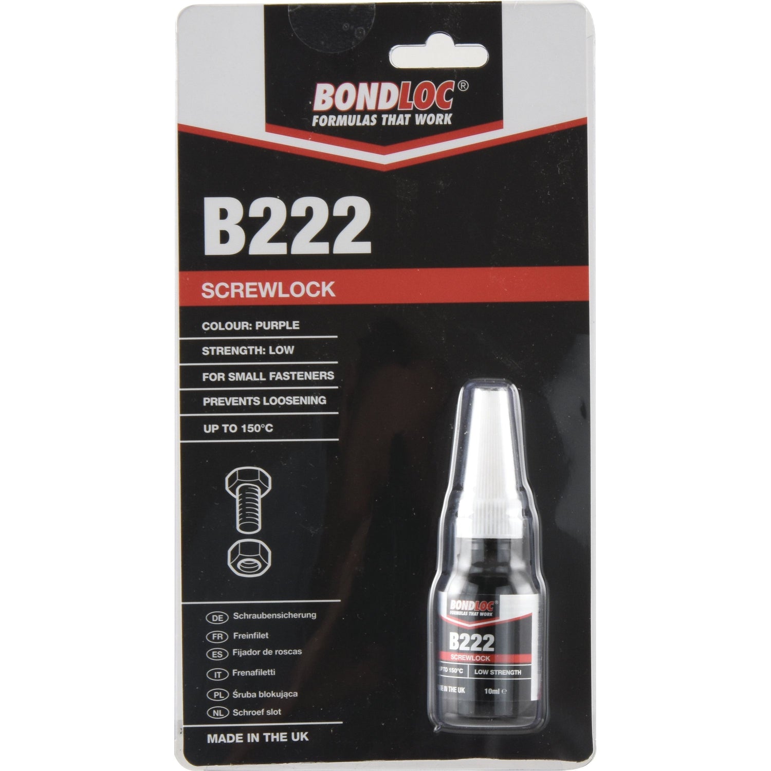 A 10ml bottle of Sparex Screwlock B222 (S.24070) in blister packaging. Designed for small fasteners, the product is purple, offers low strength threadlocker properties, and functions up to 150°C for easy disassembly.