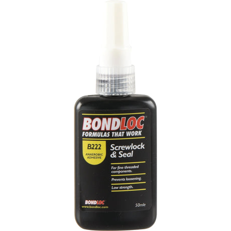 A 50ml bottle of Sparex Screwlock B222 - S.24072, featuring a black body with a white cap, is labeled for fine-threaded components and small fasteners. It highlights its low-strength threadlocker properties and ability to prevent loosening.
