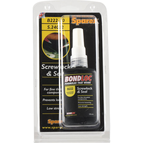 A clear plastic blister pack contains a 50ml bottle of Screwlock B222 - S.24072 adhesive from Sparex. Text on the packaging advertises that it prevents loosening and bonds small fasteners with low strength, making it ideal for delicate projects.