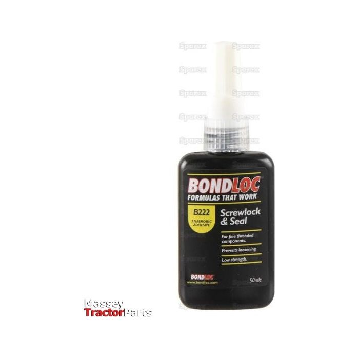 A 50ml bottle of Screwlock B222 (S.24072) adhesive from Sparex, featuring a white applicator cap. The label showcases the B222 formula, ideal for small fasteners and preventing loosening with its low-strength threadlocker properties. Massey Tractor Parts branding is present.