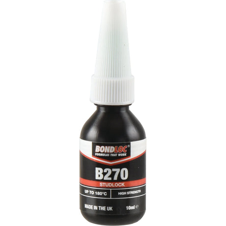 Image of a small black bottle of Sparex Studlock B270 10ml (S.24076) adhesive with a white screw cap, boasting high strength and vibration resistance. Made in the UK, it's suitable for use up to 180°C and contains 10 ml.