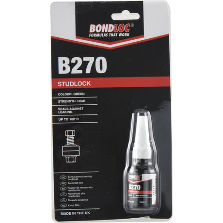 The packaging of the Studlock B270 10ml - S.24076 by Sparex features a black design with red and white text that highlights its high strength threadlocker capabilities and excellent vibration resistance. The product is green in color, offers high strength, and provides sealing against leaks up to 180°C.