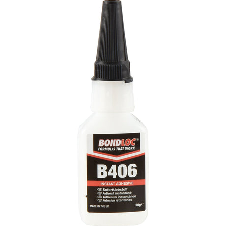 A white plastic bottle labeled "Superglue Adhesive B406 20gr - S.24081" from the Sparex brand, featuring a black nozzle and red, black, and white branding. Contains 20 grams and is ideal for bonding rubbers and elastomeric materials. Made in the UK.