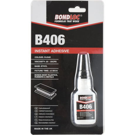 A package of Sparex Superglue Adhesive B406 20gr - S.24081 features a clear 20g bottle with information about its properties, including viscosity, base, and fixture time. An image of a glued object on a black background showcases its effectiveness in bonding rubbers and other elastomeric materials.