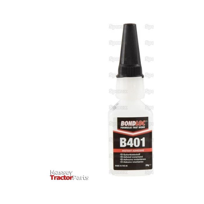 The Sparex Superglue Adhesive B401 20gr - S.24080 bottle with a black cap is labeled for its anti-bacterial and odorless attributes. The label proudly displays "Formulas that Work" alongside its specifications. Made in the USA, this clear adhesive ensures rapid bonding across multiple materials.
