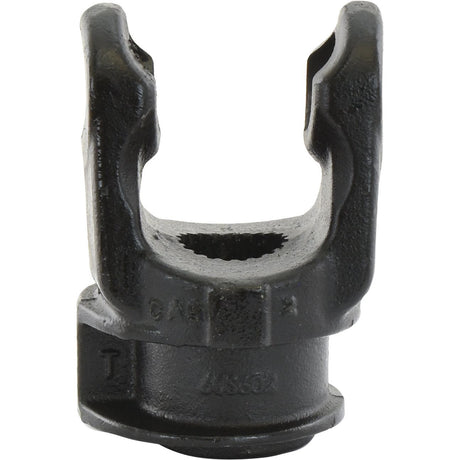 Close-up of a black metal PTO Yoke - Quick Release (U/J Size: 30.2 x 79.4mm), showcasing its forked design, threading, and rugged texture. This high-quality component from Sparex features expert craftsmanship, ensuring durability in every Universal Joint application.