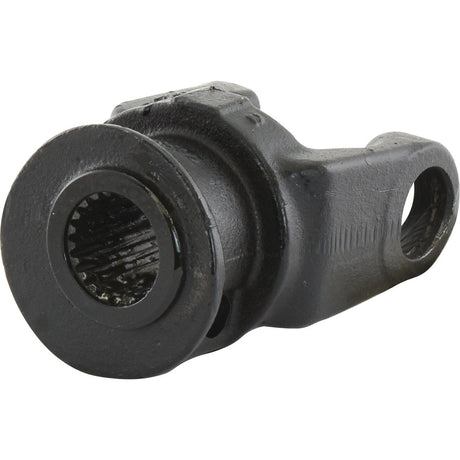 Close-up image of a Sparex PTO Yoke - Quick Release (U/J Size: 30.2 x 79.4mm), featuring a circular, gear-like interior and an attached arm with a circular opening, intricately designed to resemble a Universal Joint. Sparex Part No.S.24263, Size: 1 3/8''-21 Spline.