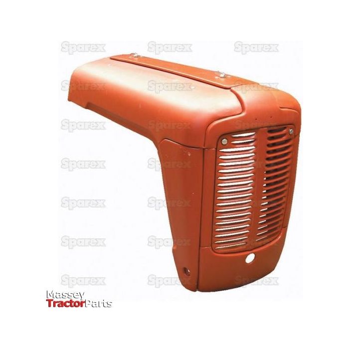 An orange bonnet assembly with a grille, designed for Massey Ferguson tractors, identified as Bonnet Assembly | Sparex Part No. S.42647 by the brand Sparex, is shown against a white background. Suitable for 4 Cyl Diesel and 4 Cyl Petrol engines, this hood ensures optimal performance and style.