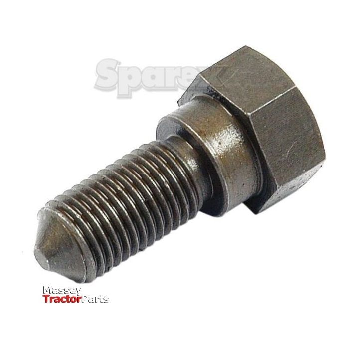 Close-up of a gray metal bonnet bolt with a hexagonal head and threaded body against a white background, the words "Massey Tractor Parts" visible in the corner, reminiscent of Sparex Bonnet Bolt (Sparex Part No.S.555) used in Massey Ferguson machinery.