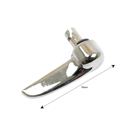 A chrome-plated metal lever measuring 76mm in length, featuring a small notch at one end and a cylindrical base, ideal for use as the Bonnet Clip (Sparex Part No. S.41229) on Massey Ferguson tractors.